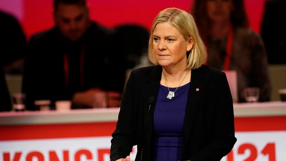 Socialdemokraternas nya partiordförande Magdalena Andersson håller tal under fredagens socialdemokratiska kongress i Göteborg.