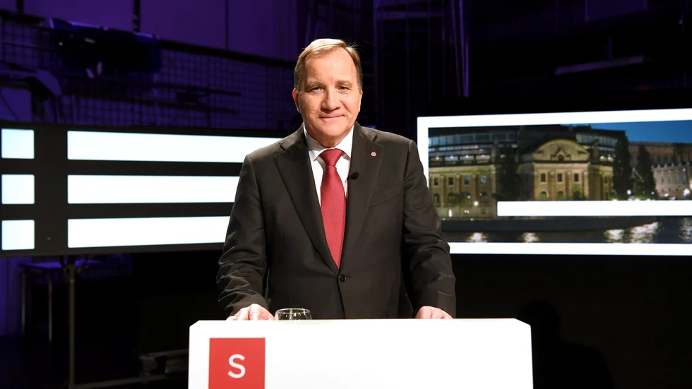 Socialdemokraternas partiledare Stefan Löfven (S) i sin sista partiledardebatt i Agenda i SVT.