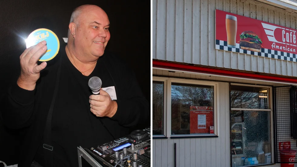 Motalanöjesprofilen Jalle Swanö, Cafe & Grill i Borenshult i Motala. Arkivbilder. Bilden är ett montage.