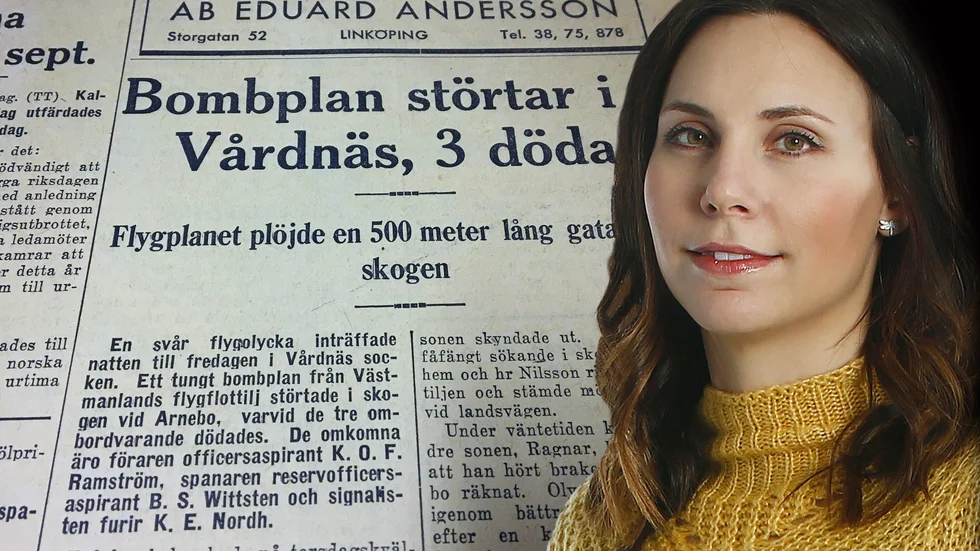 Urklipp från Östgöta Correspondenten 2 september 1939 där det går att läsa om hur bombplanet kraschade i skogen i trakterna kring Arnebo. Julia Djerfs släktingar var med och letade efter planet.