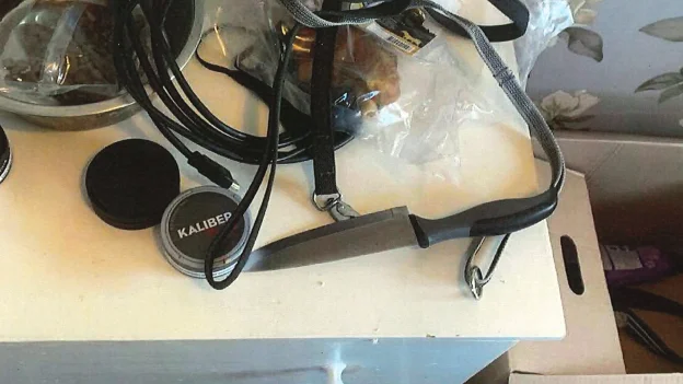 Polisen hittade en kniv på en byrå i hallen, i den bostad där den misstänkta 28-åringen anträffades.