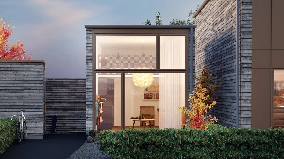 Fjorton attefallshus av denna modell ingår i den nya bostadsrättsföreningen Klinta allé 3.