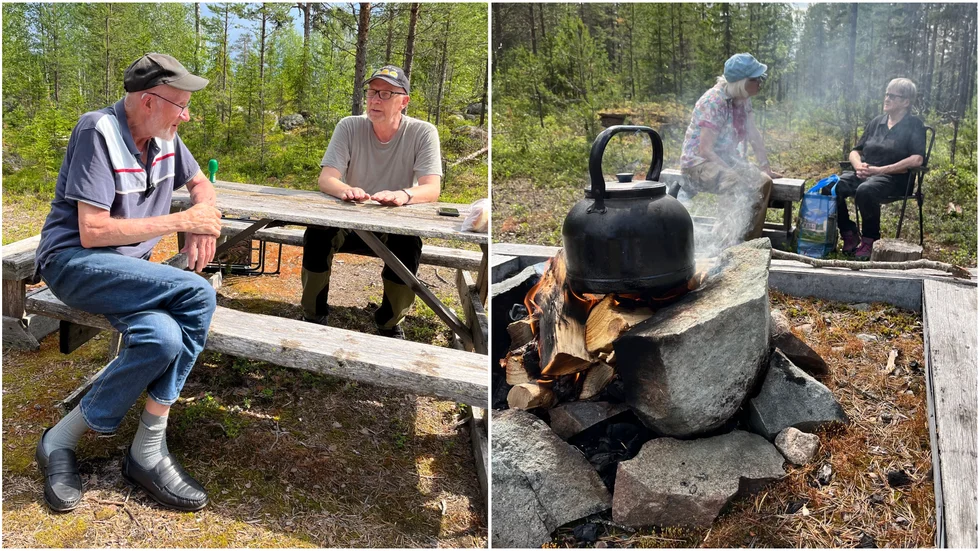Sune WIkberg och Staffan Wikman pratade gamla minnen om flottarrännan. Medlemmarna Elly Björk och Birgit Lundberg satt och småpratade vid elden. Samtliga njöt av sol och värme.