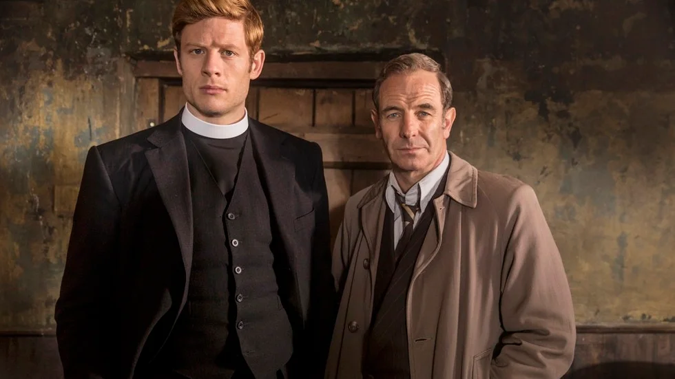 Robson Green som Geordie Keating och James Norton som Sidney Chambers i serien "Grantchester" som visas i SVT. Foto: Colin Hutton/Kudos/ITV
