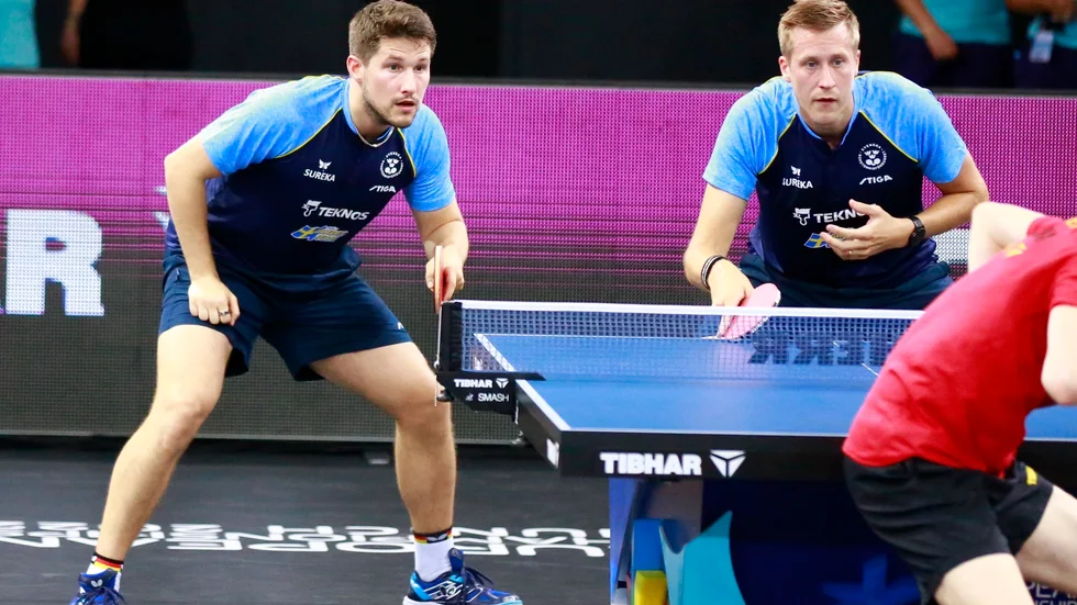 Kristian Karlsson och Mattias Falck under EM i bordtennis. Arkivbild.