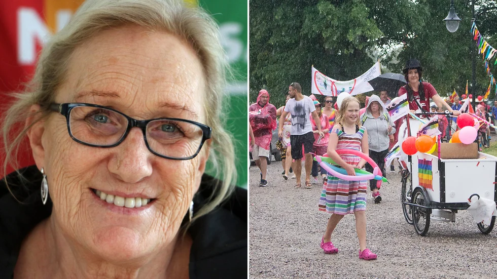 Bilden är från prideparaden i Vingåker 2018. På bilden syns även Inger Forsgren, ordförande i Vingåkersbygdens pride.