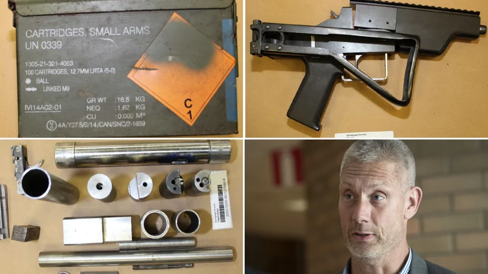 Vapen och vapendelar i mängder hittades i ammunitionslådor, varav en del var nedgrävda, runt den misstänktes hus. Den övre högra bilden föreställer ett hembyggt vapen. Chefsåklagare Robert Eriksson har hand om ärendet. 