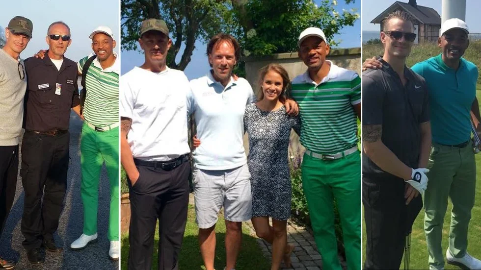 Will Smith och Joel Kinnaman hade en toppenhelg på Gotland. Till vänster står de tillsammans med Babben Söderberg på Visby flygplats. I mitten tillsammans med Tobbe Larsson och hans sambo Emma Lindau och till höger på Kronholmen.