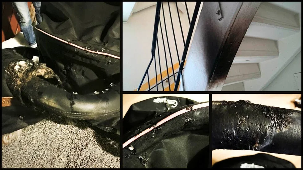 Barnvagn. Handvärmaren, som sitter på vagnens handtag, hade brunnit upp och styret hade börjat smälta.