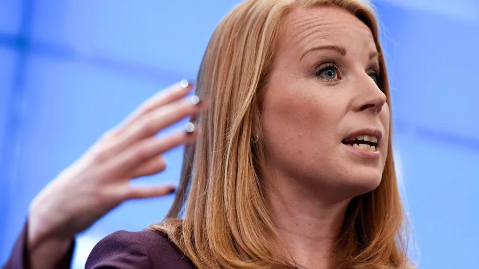 Annie Lööf under presskonferensen i går eftermiddag.