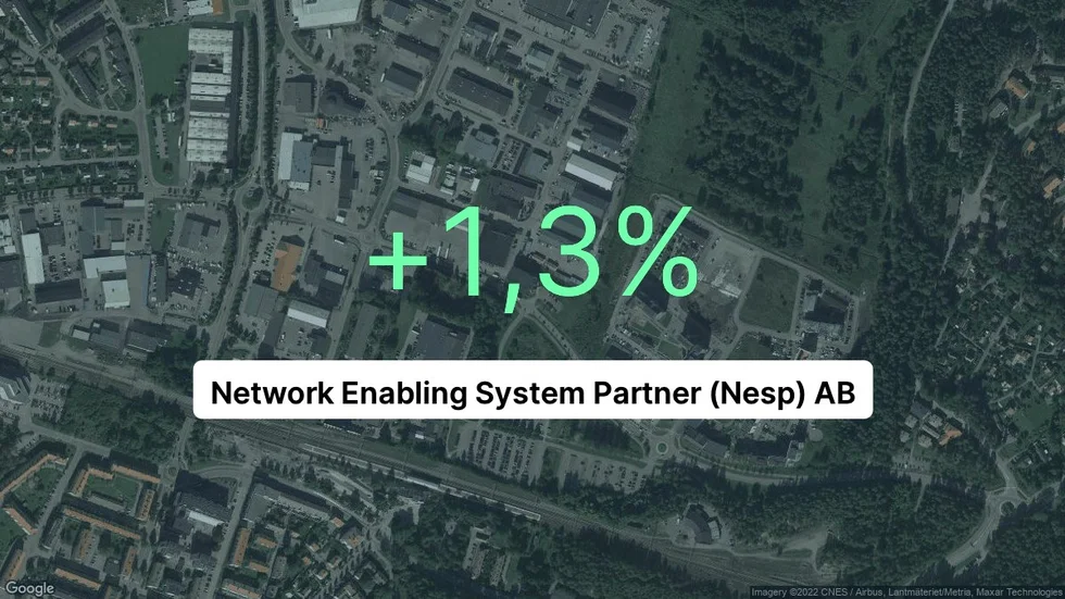 Illustrationen visar rörelsemarginalen för Network Enabling System Partner (Nesp) för det senaste året. Bakgrunden är en satellitbild över företagets adress.
