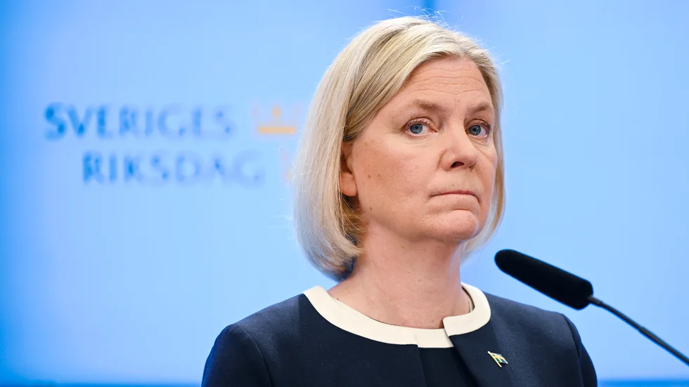 Magdalena Andersson (S) under pressträff med Socialdemokraterna.