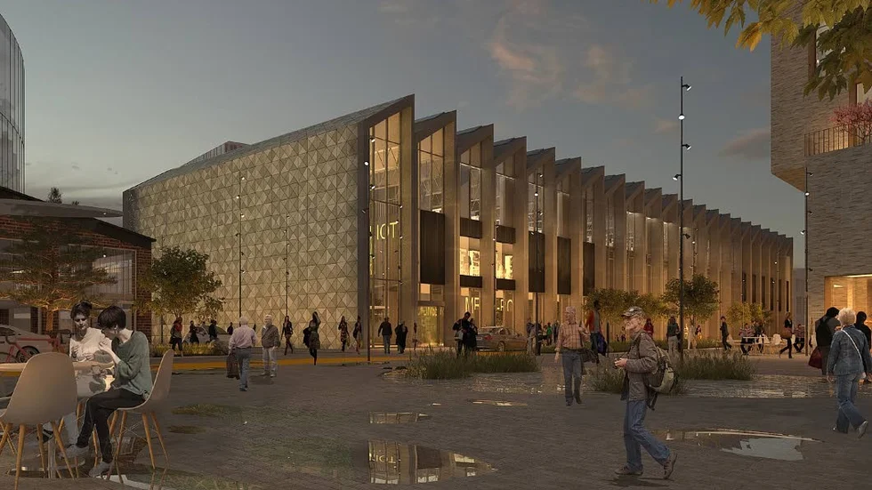 Så här ska idrottshallen i Ebbepark se ut från utsidan. Takets utformning är tagen från en av Wahlbecks fabriker som stod på området. Campushallen kommer att driva den, och utökar därmed sin verksamhet på universitetsområdet.