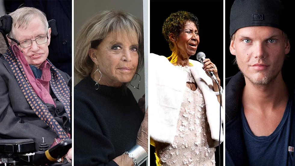 Stephen Hawking, Lill-Babs. Aretha Franklin och Tim "Avicii" Bergling är bara några av alla de kändisar som dog under 2018.