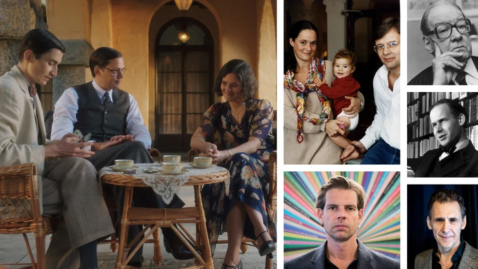 Kändistätt i "Bränn alla mina brev". Stora bilden: Gustav Lindh som Olof Lagercrantz, Bill Skarsgård som Sven Stolpe och Asta Kamma August som Karin Stolpe. Bild 2: En ung Asta med föräldrarna Pernilla och Bille August. 3: Alex Schulman. 4: Sven Stolpe. 5: Olof Lagercrantz. 6: David Lagercrantz.  