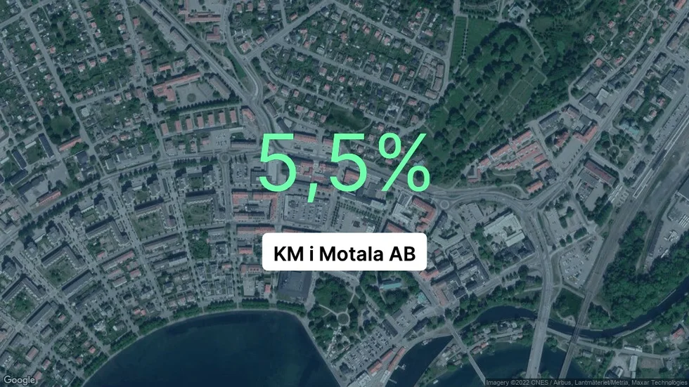 Illustrationen visar rörelsemarginalen för KM i Motala för det senaste året. Bakgrunden är en satellitbild över företagets adress.