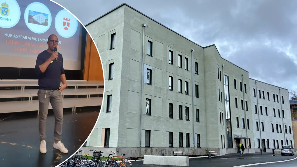 Järveneleverna får lära sig skolans rutiner om de måsta ta skydd vid fara. På bilden syns också Tobias Sander, skolans säkerhetssamordnare. 