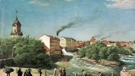 På sätt och vis sig likt, även om det mesta försvunnit sedan slutet av 1850-talet. Det var då som Geskel Salomon i olja fångade den här utblicken, med det nybyggda bomullsspinneriet mitt i bilden. Då stadens största fabriksbyggnad, idag säte för  lärarutbildningen.  Holmentornet t v är förstås också en gammal bekant för Norrköpings nutidsbor.