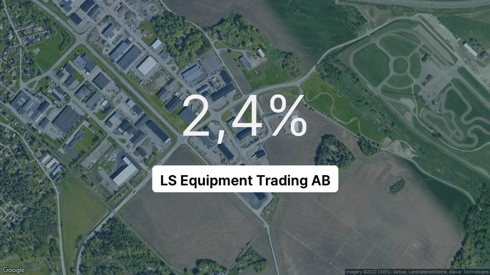 Illustrationen visar rörelsemarginalen för LS Equipment Trading för det senaste året. Bakgrunden är en satellitbild över företagets adress.