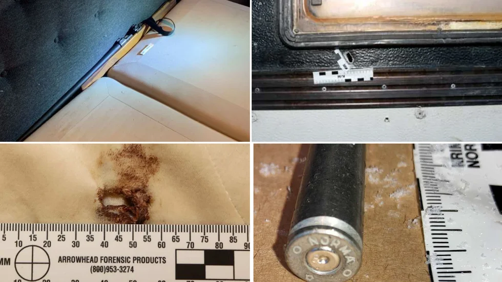 Vapnet som användes låg i den dömdes säng. Bilden nere till vänster visar skotthålet i kvinnans tröja och till höger patronen, som hittades utanför husvagnen.