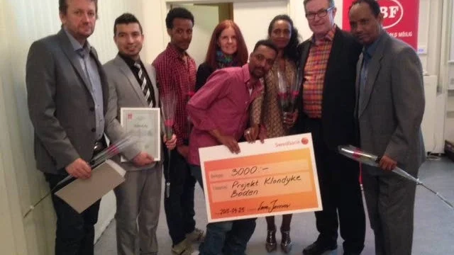 Kulturstipendiaterna från vänster Thomas Mariedahl, Ahmadi Hasmatullah, Samuel Girmay, Lena Jonsson, Goitom Russom, Sergut Belay-Worke, Christian Lindgren och Essayas Neguse.