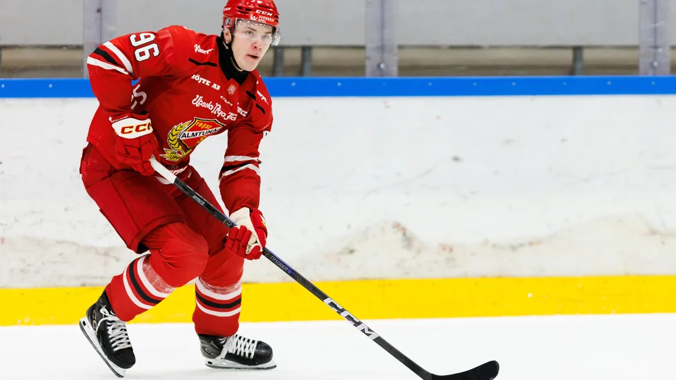 Almtunas William Proos under ishockeymatchen i Hockeyallsvenskan mellan Almtuna och Björklöven den 3 januari 2025 i Uppsala. 