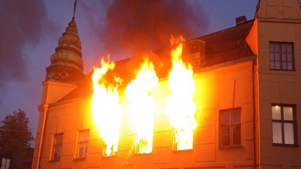 Det brann med öppna lågor från byggnadens fönster.