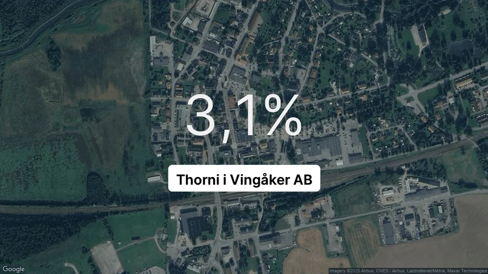 Illustrationen visar rörelsemarginalen för Thorni i Vingåker för det senaste året. Bakgrunden är en satellitbild över företagets adress.