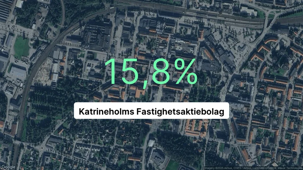 Illustrationen visar rörelsemarginalen för Katrineholms Fastighetsaktiebolag för det senaste året. Bakgrunden är en satellitbild över företagets adress.