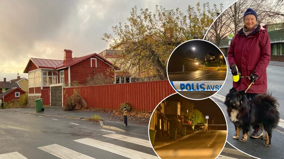 Dramat utspelade sig precis utanför familjen Gilles hus. De bor bakom det röda planket och här, ungefär mellan den svarta porten och övergångsstället, övergavs bilen som polisen hittade misstänkt sprängmedel i. På bilden syns också förbipasserande Agneta Hagman med hunden Ricki.