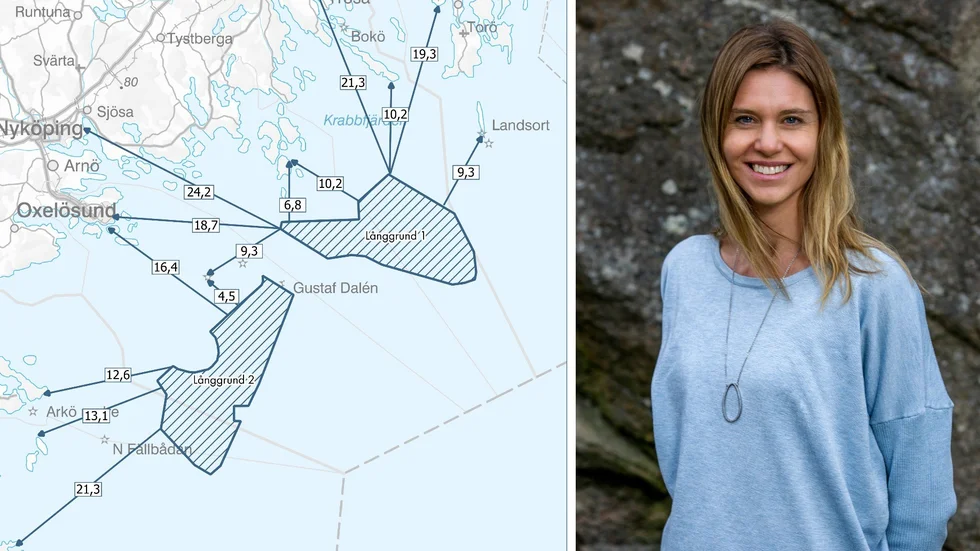 På kartan ses placeringen för Långgrund 1 och 2. Helena Nordholm, projektchef på Svea Vind Offshore, vill föra en dialog om projektet.