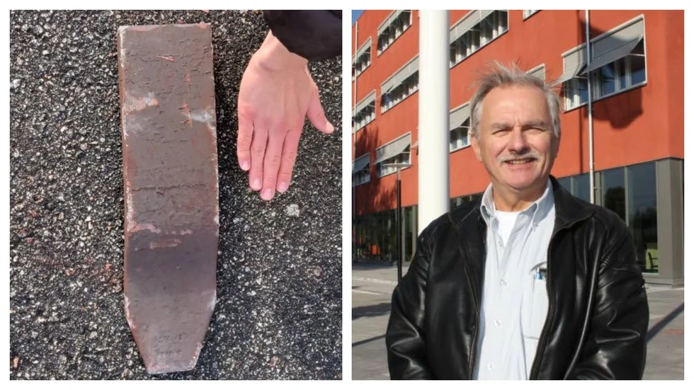 Så här såg den stora järnbiten ut som flög av ett godståg som passerade perrongen i Knivsta i hög fart. "Järnstycket var mycket tungt", säger Alf Ahlstedt som skulle åka till Stockholm för att arbeta som nämndeman i kammarrätten under tisdagen.