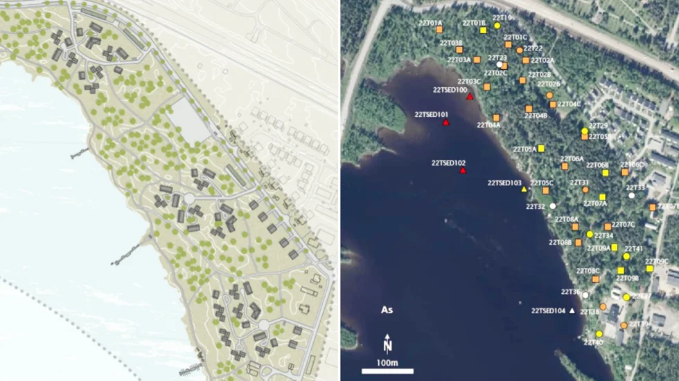 Till vänster syns ett förslag på byggande, med hus i grått. Till höger syns den krassa verkligheten: Massor av arsenik hittades i marken. Samtliga gula, orange och röda markeringar har för höga halter. 