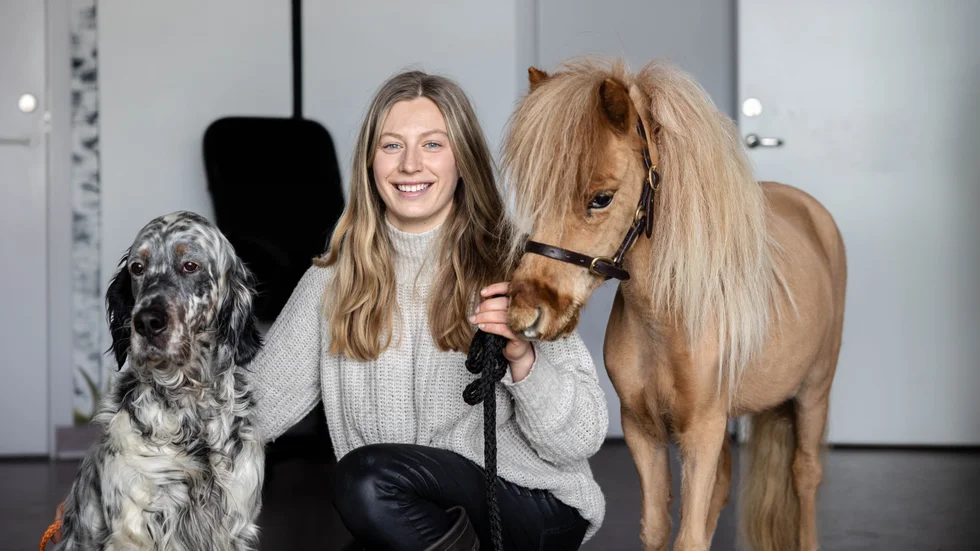 Julia Åhlin och hennes jobbarkompisar, hästen Shy och hunden Oscar.