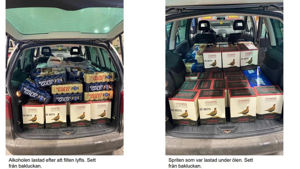 Total 580 liter alkohol i form av öl, whisky och vodka hittades i Eskilstunaparets bil.