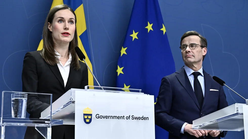 Finlands statsminister Sanna Marin och statsminister Ulf Kristersson (M) under en gemensam presskonferens.