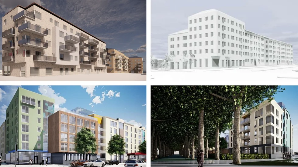 Överst Stångåstadens båda projekt vid Stolplyckan respektive Trumslagaregatan. Nederst Ryttargårdskyrkans planerade kvarter, med allén som ska bevaras.