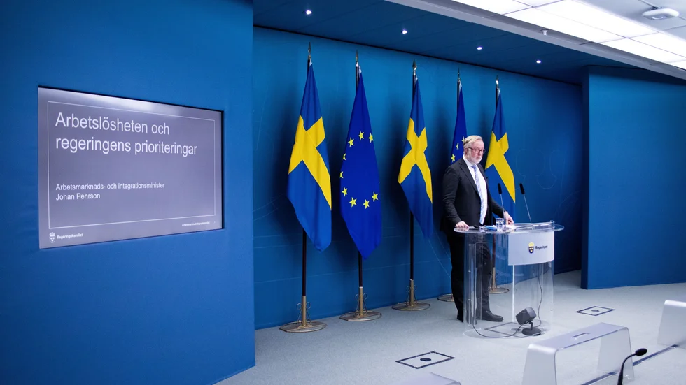     
Arbetsmarknads- och integrationsminister Johan Pehrson (L) presenterade inga nya stora reformer när han under torsdagen höll en presskonferens om arbetslösheten och regeringens prioriteringar. 
