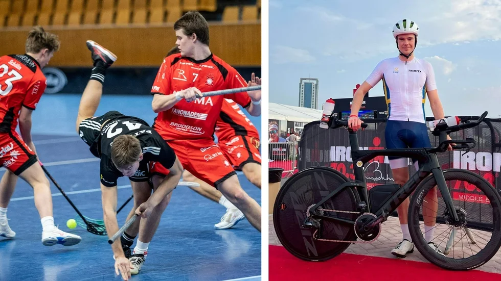 Anton Lundquist i FBC bjuds på en flygtur av Solfjäderstadens Melker Isaksson till vänster. Linköpingstriathleten Gabriel Sandör till höger. 