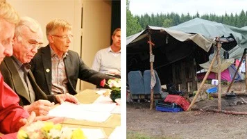 Staffan Danielsson, Arne Ruth och Torgny Håstad under mötet. Till höger, bärplockarlägret som det såg ut i somras.