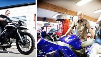 Per Westin på Lelles MC tror att äventyrsmotorcykelnkommer att vara populär i år.
Patrik Hedensten passar på att provsitta en Triumph Tiger 800 XC utanför Triumph center.