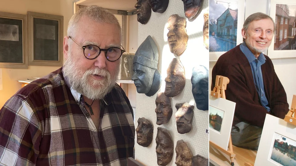 Nils Bertil Malmberg (till vänster) har ständigt nya projekt i tankarna. Nyligen fick han 80 000 kronor i stöd av Statens konstråd. Pengar som delvis kan komma till användning i ett framtida projekt där profiler som den framlidna kollegan Hasse Froom kan avbildas och förgylla stadsmiljön i Strängnäs.
