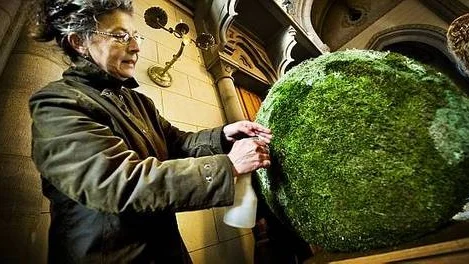 Floristen Monika Ågren fuktar den stora jordgloben. Utsmyckningen är gjord i mossa och ståltråd och en symbol för att vi måste vårda vårt klot, i linje med ämnet för klimatkonferensen.