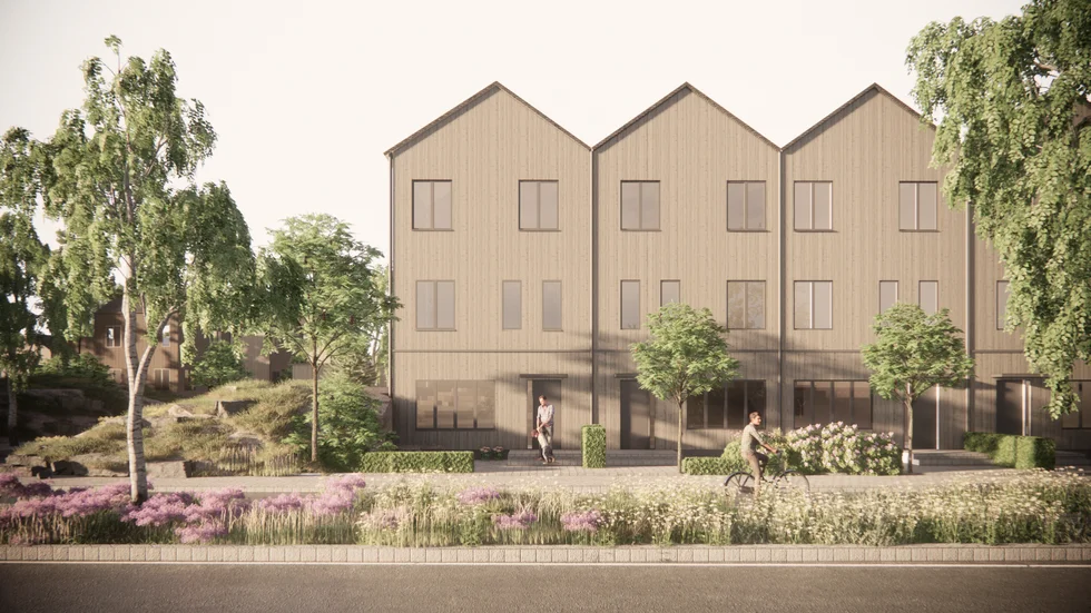 Tänkbar utformning av planerade radhus i ett av kvarteren mellan Fullerö och Storvreta. Exakt utseende bestäms senare. 