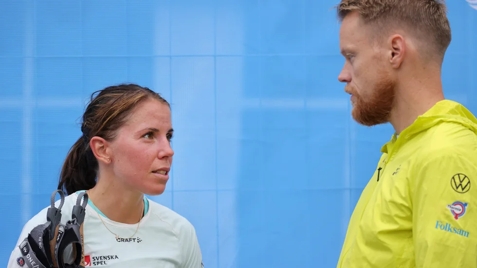 Charlotte Kalla och Anders Byström, landslagschef för längdåkarna. Arkivbild.