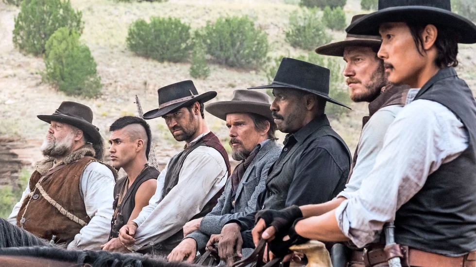 De sju. Vincent D'Onofrio, Martin Sensmeier, Manuel Garcia-Rulfo, Ethan Hawke, Denzel Washington, Chris Pratt och Lee Byung-hun utgör "The magnificent seven" i Antoine Fuquas remake. Foto: Scott Garfield.