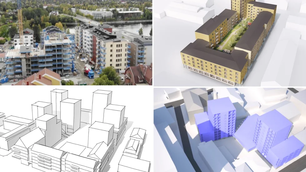 Här är exempel där det har byggts eller ska byggas tätt i centrala Skellefteå. Övre raden Strömsör under byggnad, samt kvarteret Frigg. Nedre raden kvarteret Kapella och kvarteret Polaris (bakom gamla posten). 