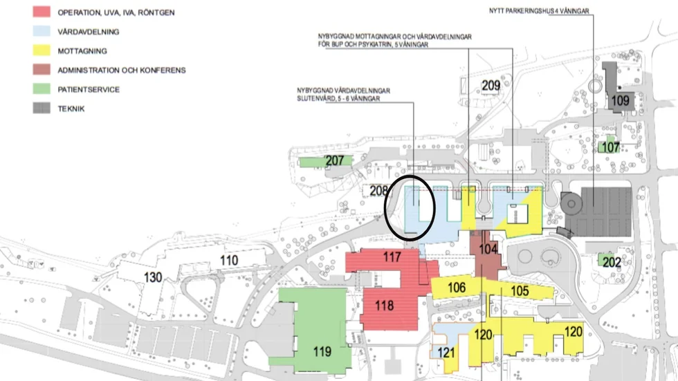 Idé. Den inringade flygeln visar det nya förslaget på placering av operationsavdelningen.