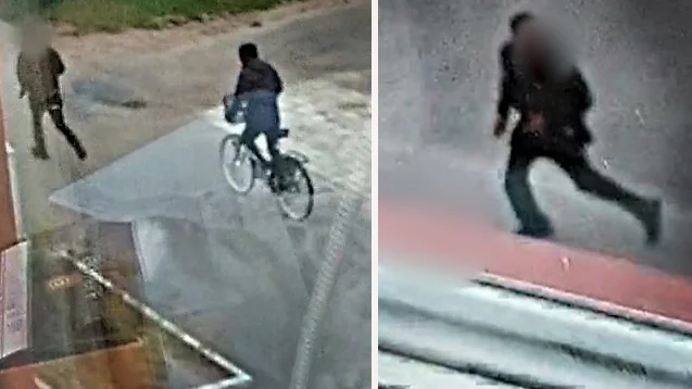 Bild från filmen i förundersökningen som visar tre personer som misstänks fly efter skjutningen.