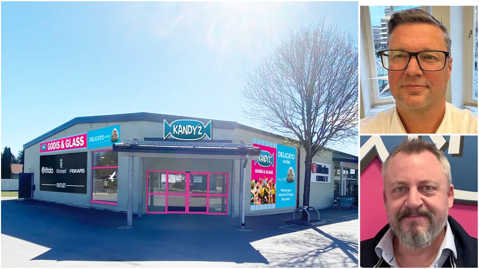 Till vänster ses ett montage på hur den blivande Kandyzbutiken i Vingåker kommer att se ut. På den övre bilden till höger ses företagets vd Sonny Hedblom och på den nedre Pekka Sassi, vd på WFKS fastighetsförvaltning.